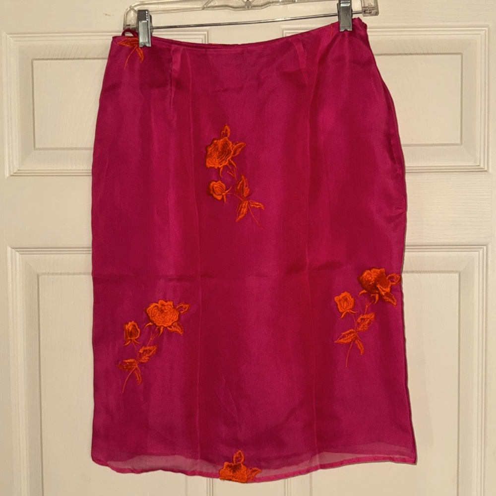 Vintage SANDRA KING 100% Silk Pencil Skirt Size 8 Pink Orange Floral
